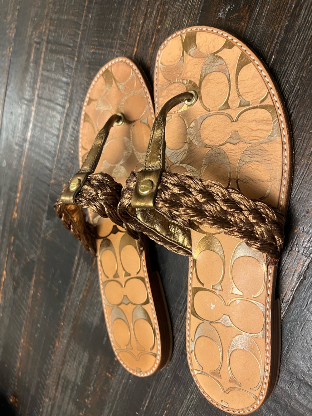 Coach Copper Braided Signature Footbed Flip-Flops Sandals - Picture 3 of 10